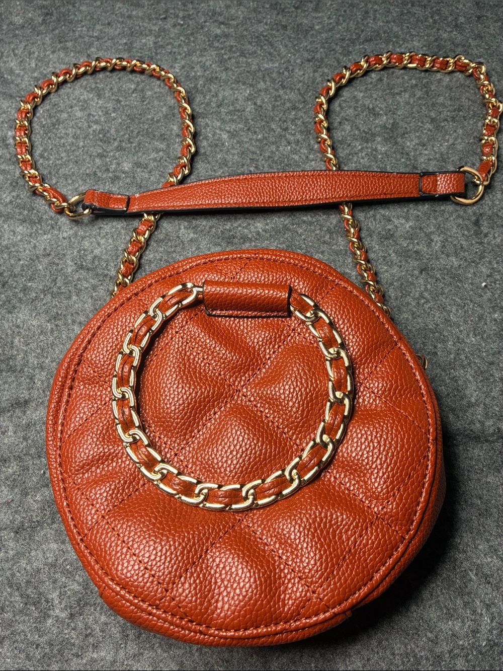 Quilted Round Crossbody Bag - Rust Orange with Gold Chain